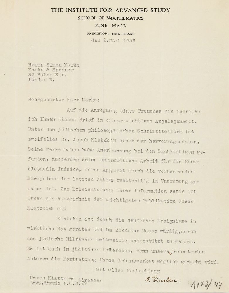 מכתב מאת פרופ' אלברט איינשטיין אל סיימון מרקס, בבקשה לסייע לד"ר יעקב קלצקין למצוא עבודה, מאי 1936 (A173\44)